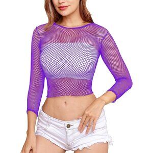 🆕Women Purple Fishnet Long Sleeve Crop Top Mini Lingerie Mesh Babydolls Chemise
